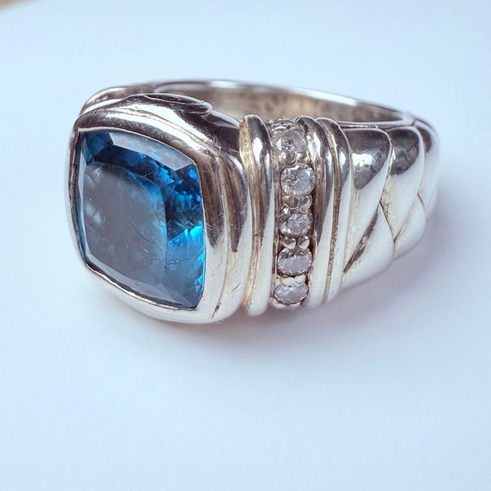 Scott Kay 4 CT London Blue Topaz Diamond Basket Weave Sterling Silver 925 Ring - Picture 4 of 15